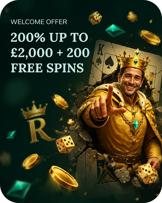 Royalen Casino mobile welcome offer banner with 200% bonus up to £2,000 and 200 free spins