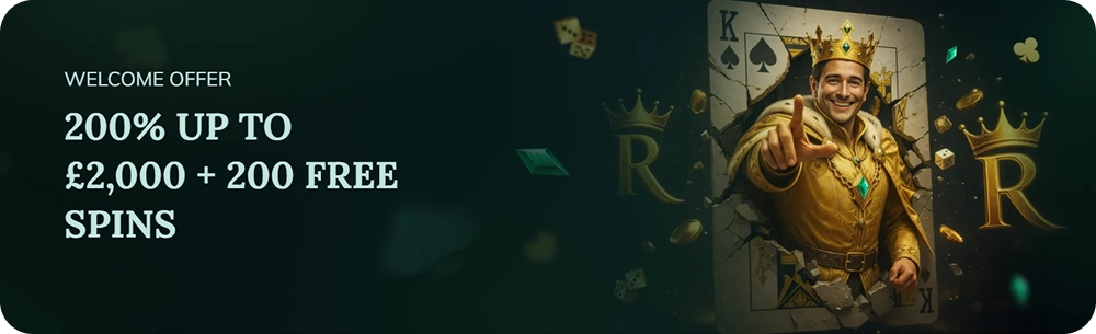 Royalen Casino welcome offer banner with 200% bonus up to £2,000 and 200 free spins