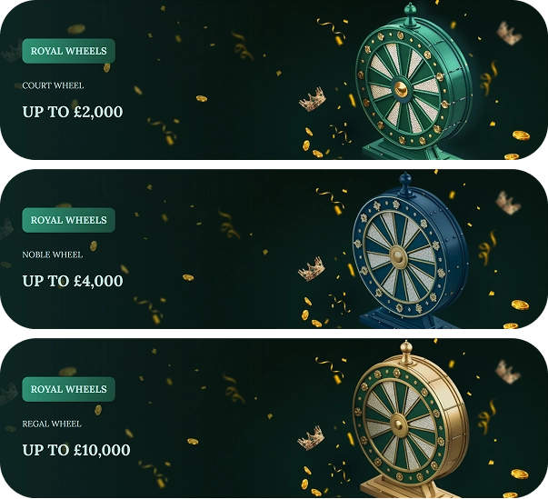 Royalen Casino Royal Wheels showing Court Wheel Noble Wheel and Regal Wheel prizes