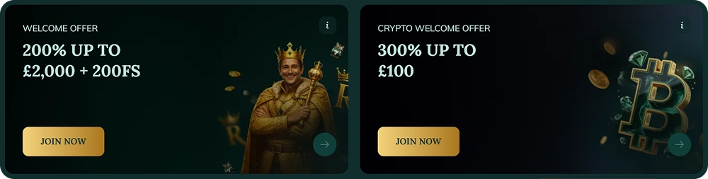 Royalen Casino welcome offer with 200% bonus up to £2,000 and crypto welcome offer