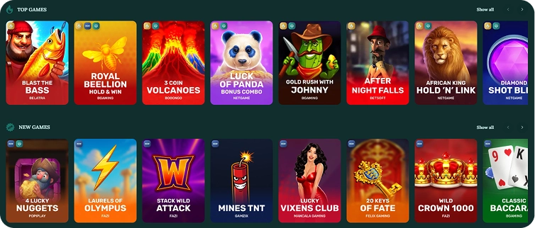 Royalen Casino slot games catalogue with popular and new titles