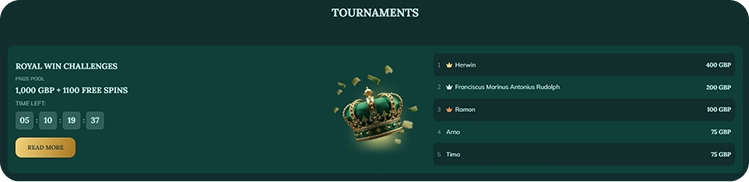 Royalen Casino tournaments section with prize pools and rankings